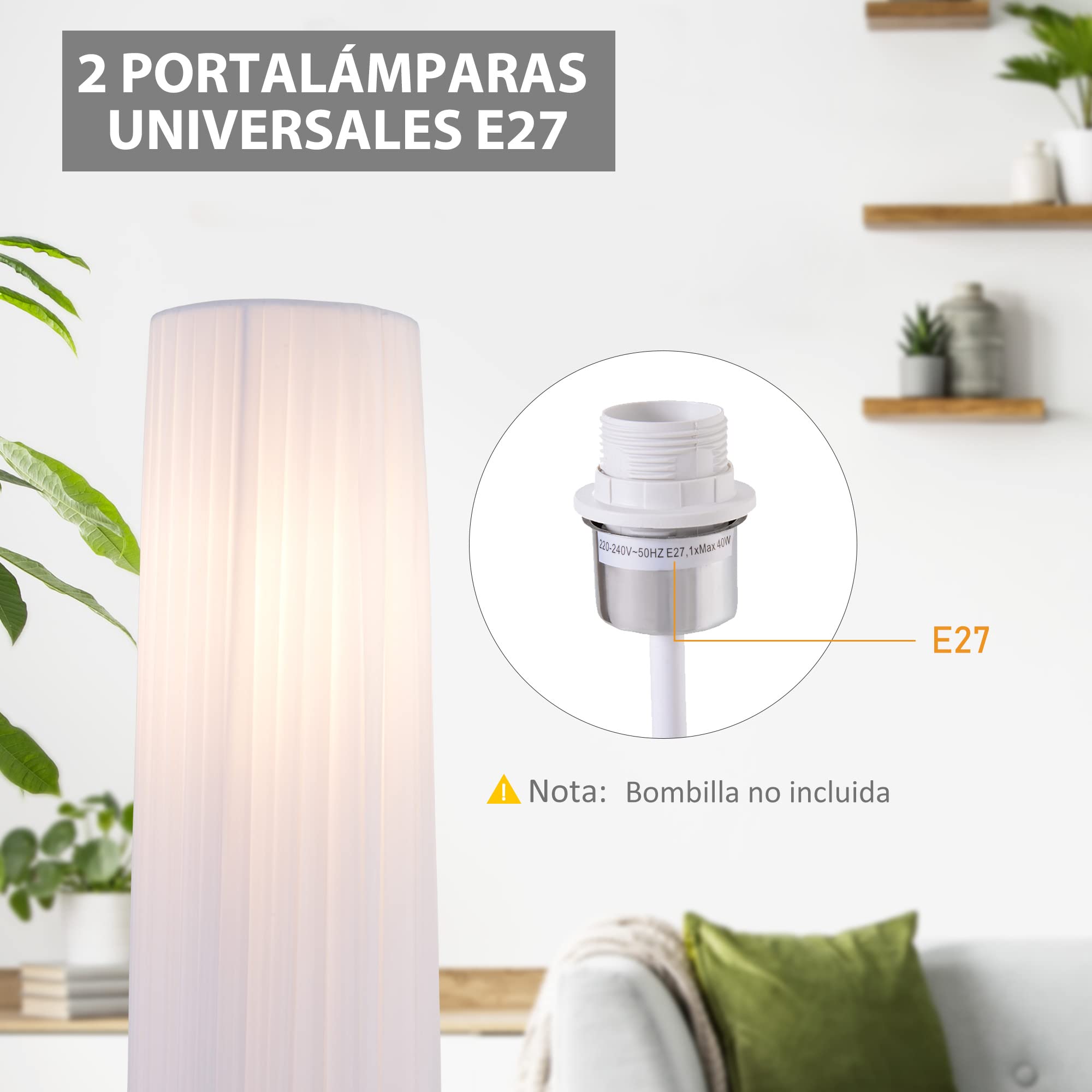 HOMCOM Lámpara de Pie Moderna para Dormitorio Comedor Salón (2 E27 Bombilla) Interruptor de y Bajo Consumo con Base de Acero Inoxidable 120 cm Blanco