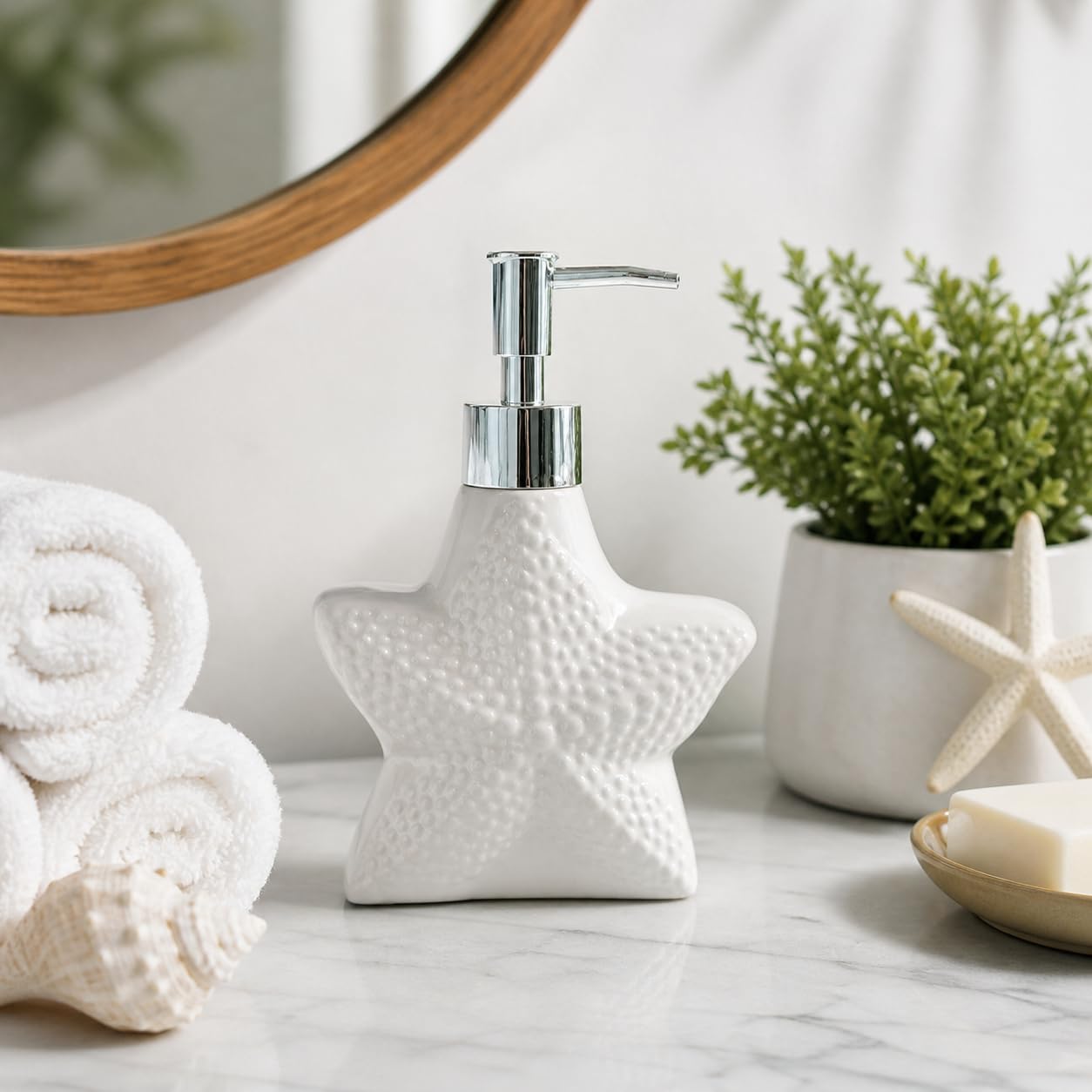Whizzo Ceramic Starfish Design Liquid Soap Dispenser for Bathroom & Kitchen – Premium Ocean Theme Lotion Bottle with Chrome Pump, White Finish (420ML, LD-212, Design 1)-image-35