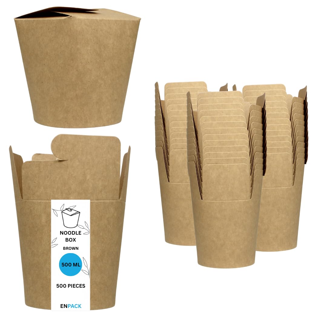 Enpack Nudelboxen 500ml (16oz) – 500 Stück aus Kraftpapier | Einweg To-Go Boxen mit Beschichtung | Auslaufsichere Take Away Verpackung für Asia Food, Streetfood, Gastronomie, Events