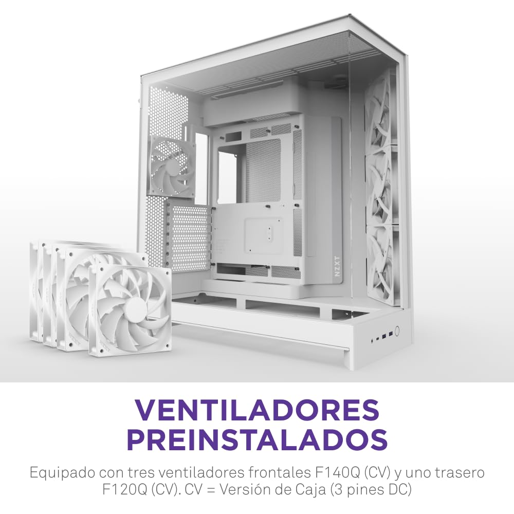 NZXT H9 Flow (2025) – Caja de PC ATX de Torre Media de Gran Flujo de Aire de Doble Cámara – Incluye 3 Ventiladores de 140 mm y 1 de 120 mm – Soporte para radiador de 420 mm – Vidrio Templado – Blanco