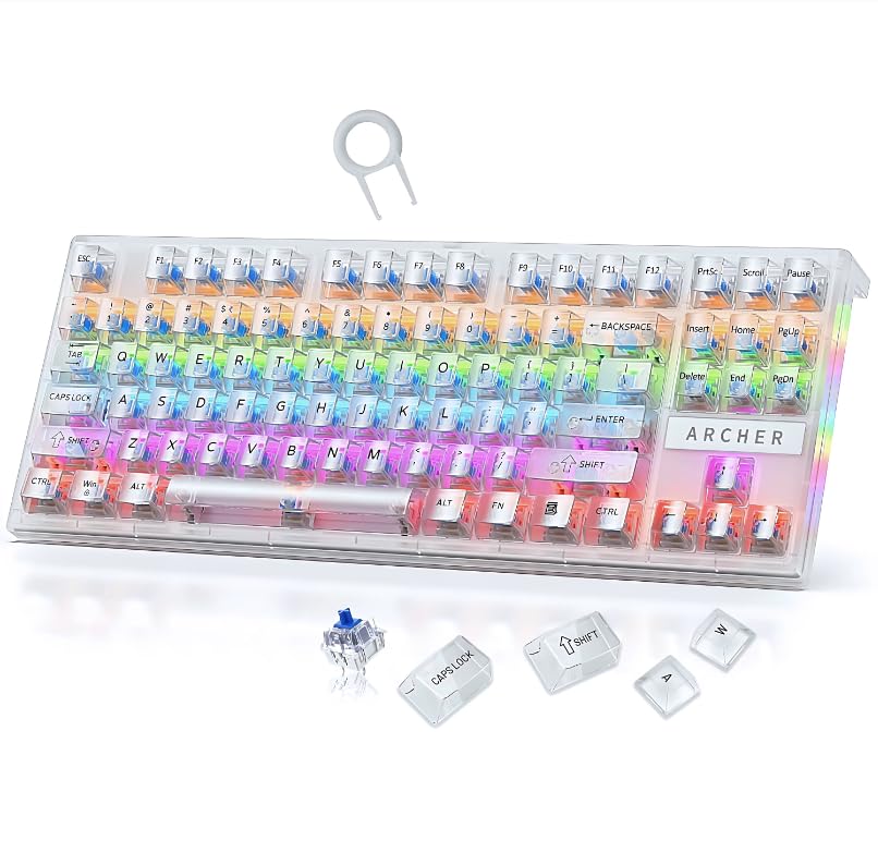 Image of Archer Tech Lab Astra M400 Mechanical Gaming Keyboard with 63 keys, 17 RGB modes, clicky blue switches, 26 anti-ghosting keys, 50M keystroke durability, 1.5m USB-C cable, Windows support (TRANSPARENT)