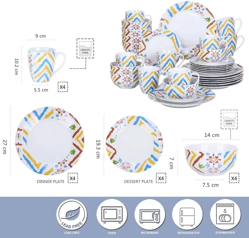16-Piece Porcelain Combination Dinner Set with 4*Dinner Plate Dessert Cereal Bowl 380ml Mug