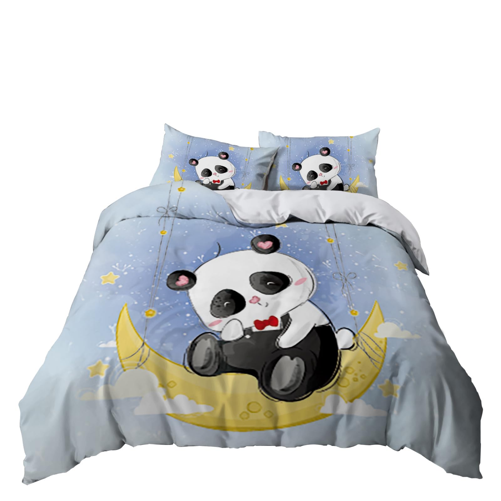 Housse De Couette Panda 3D 140x200 Cm - Parure De Lit Microfibre Douce, 2 Taies D'Oreiller 50x75 Cm, Fermeture Éclair Et Rubans D'Angle