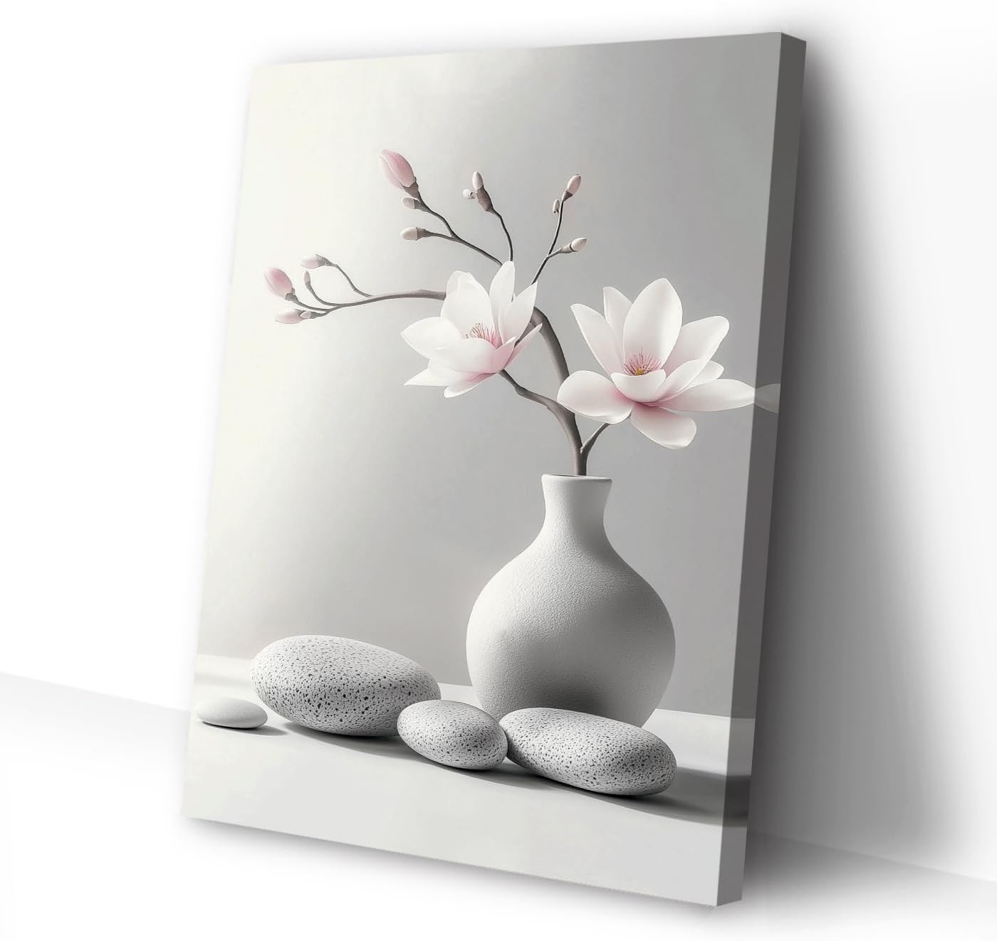 CCWACPP Zen Wall Art Magnolia Canvas Print Zen Stone Pictures Spa Painting Poster Meditation Spirit Bathroom Yoga Room Office Decor Framed (12.00" x 18.00")