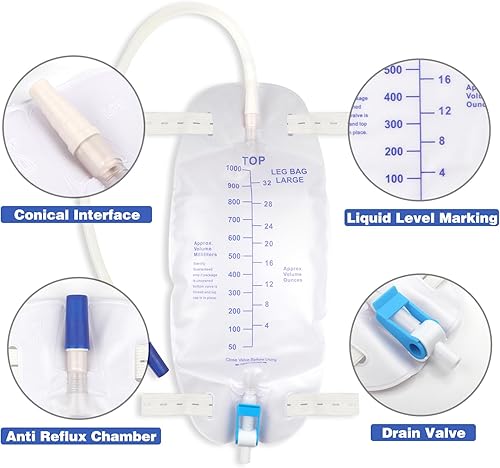 Miniatura 3 de Paquete de 3 bolsas para catéter, bolsa de drenaje urinario de alta calidad, fácil de tocar, 32 onzas con 3 tubos de 18 pulgadas, válvula