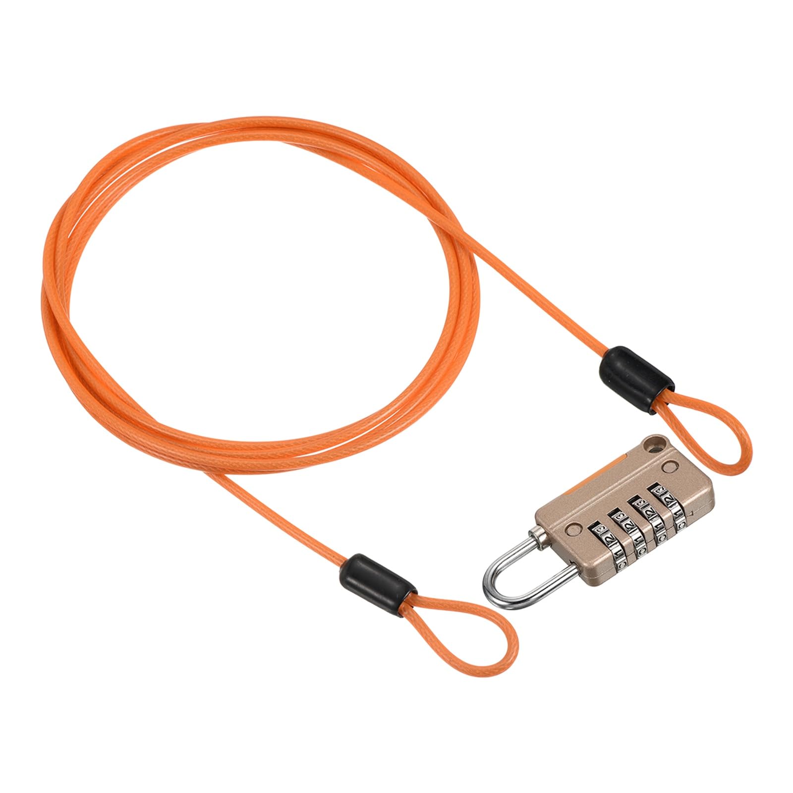 PATIKIL Security Steel Cable with 4 Digit Combination Lock, 1 Set 4.9Ft Coated Safety Wire Rope Double Loop Padlock for Outdoor Travel Luggage, Clear Orange Gold