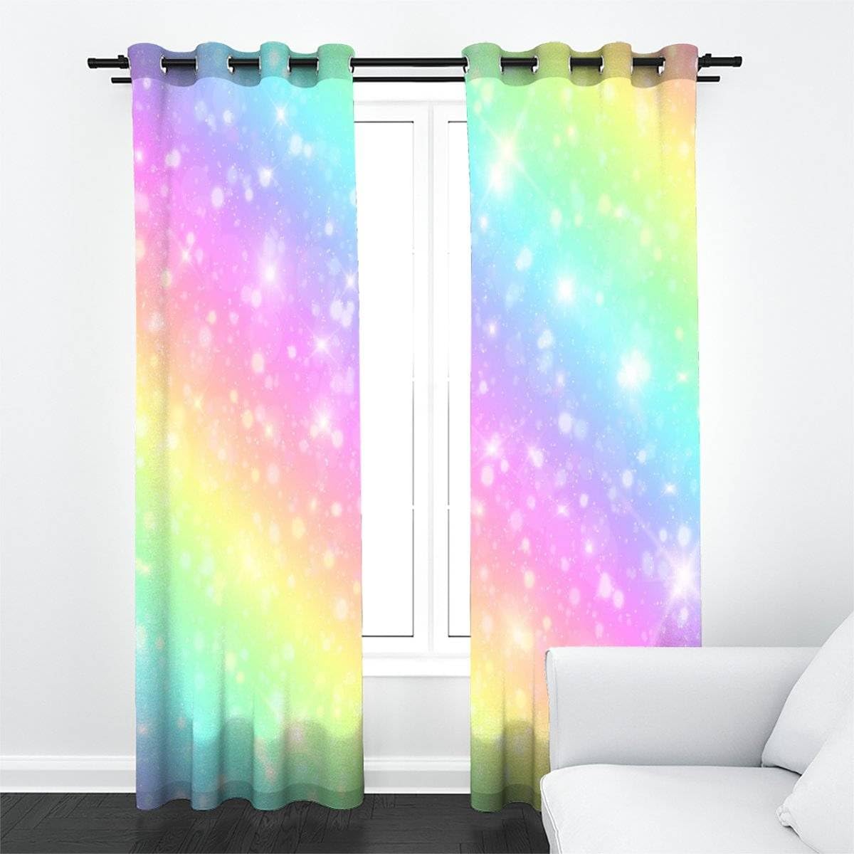 Rideau Occultant Arc-en-Ciel Rideaux Oeillet Polyester 3D Chambre Rideau Thermique Isolant Anti Froid Coloré Rideau Chambre Enfant （150x166 cm ）