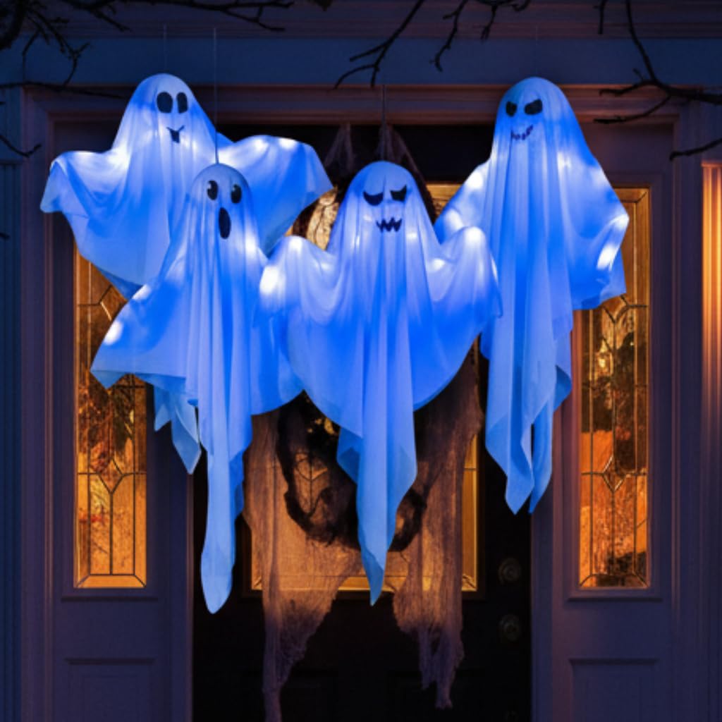 4 Pack Halloween Hanging Ghost Decorations, 27.5" Light Up Spooky Floating Ghosts with Blue LED, Outdoor & Indoor Haunted House, Porch, Yard, Party Decor, Patio Lawn Garden