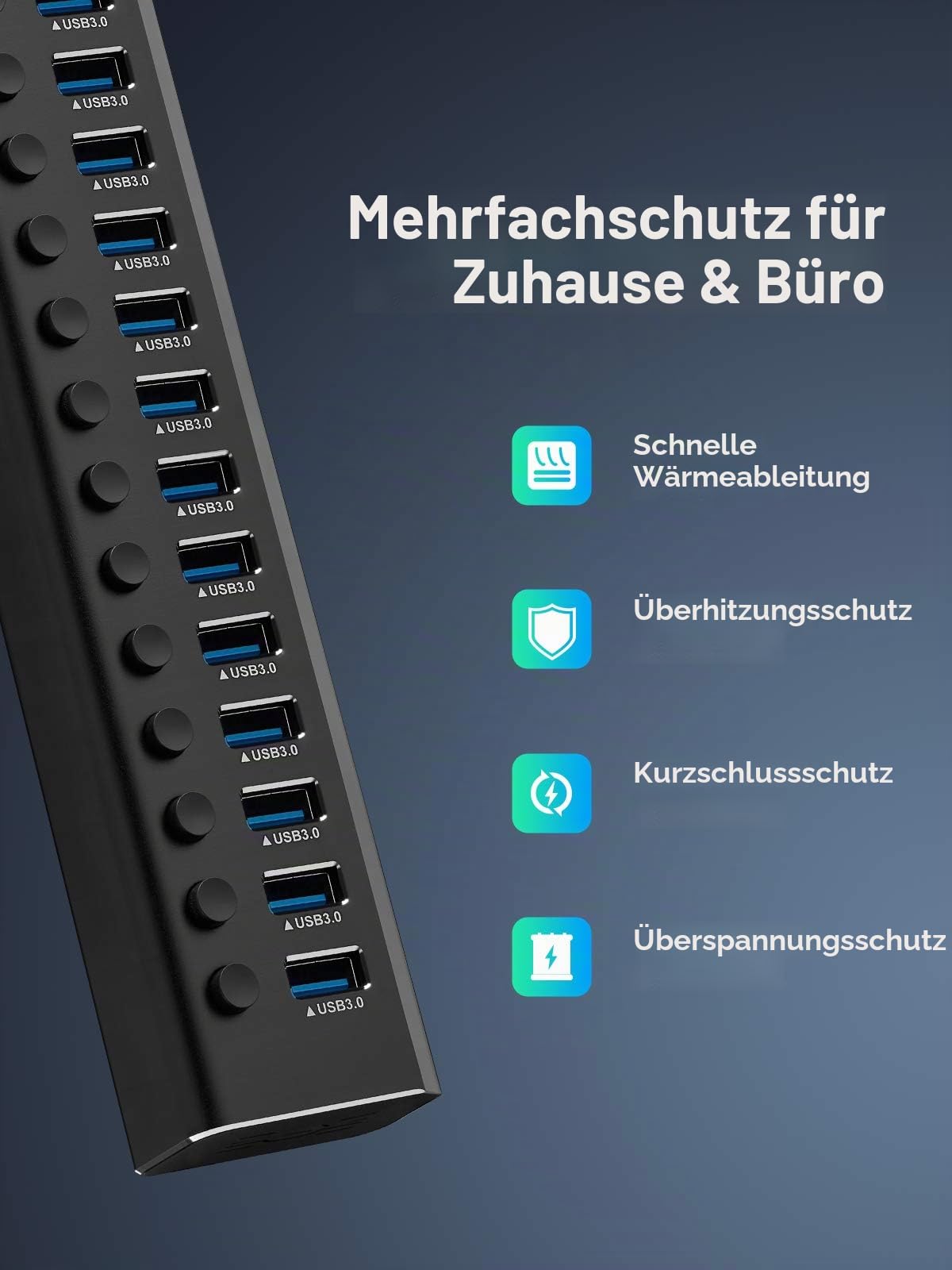 RSHTECH Aluminium16 Port USB Hub Aktiv 3.0 mit 100W Netzteil, RSH-A16 | USB 3.0 Hub mit Schalter - für PC, Mobile HDD, Flash-Laufwerk, Professionelle Business Grade - Stabile Datenübertragung