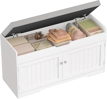 usikey Shoe Bench with Lift Top Storage, Entryway Bench with Padded Seat Cushion, Shoe Storage Bench with 2 Adjustable Shelves, for Entryway, Living Room, Bedroom, White