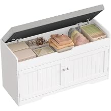 usikey Shoe Bench with Lift Top Storage, Entryway Bench with Padded Seat Cushion, Shoe Storage Bench with 2 Adjustable Shelves, for Entryway, Living Room, Bedroom, White