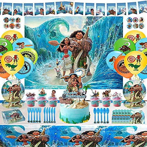 Moana Birthday Party Supplies-172PCS Moana Birthday Party decorations Moana Party Supplies Includes Moana Banner Balloons Cupcake Toppers Tablecloth Tableware Invitation Cards Background