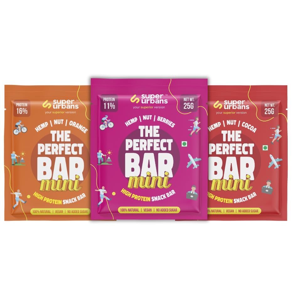 Super Urbans The Perfect Bar Assorted (Orange,Cocoa, Berries) | Vegan Protein Bar | Healthy Snack bar | Packed with the power of hemp, the goodness of nuts, and super natural variants Orange, Cocoa & Berries | High in Protein, Omega 3 & Omega 6 | No Added Sugar, No Whey, No Soy, No Oils, No Preservatives, Lean Protein (Pack of 6)