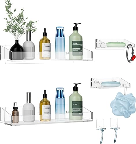 Estante minimalista para ducha, paquete de 4, organizador de baño de acrílico transparente con soporte para jabón y ganchos de afeitar, montado en
