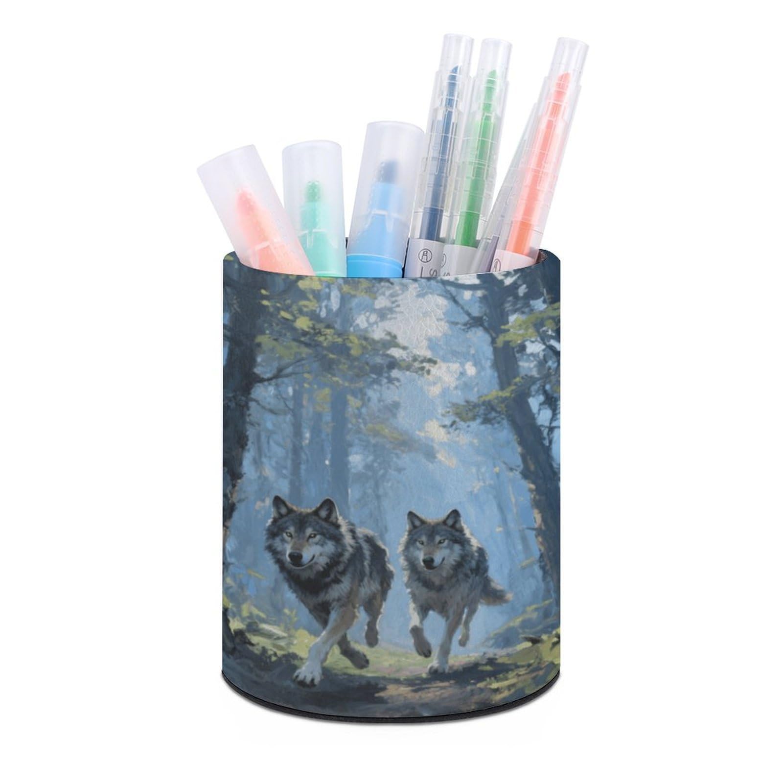 VstaDank Wolf Forest Pen Holder PU Leather Pencil Cup Minimalist Desk Pencil Holder Round Make Up Brush Organizers For Office Dorm Room&Vanity Desk Accessories