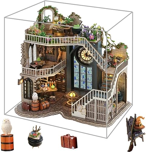 Kit de casa de muñecas en miniatura con cubierta antipolvo, kits de casa de muñecas de madera mágicas retro, manualidades para adultos, kit de