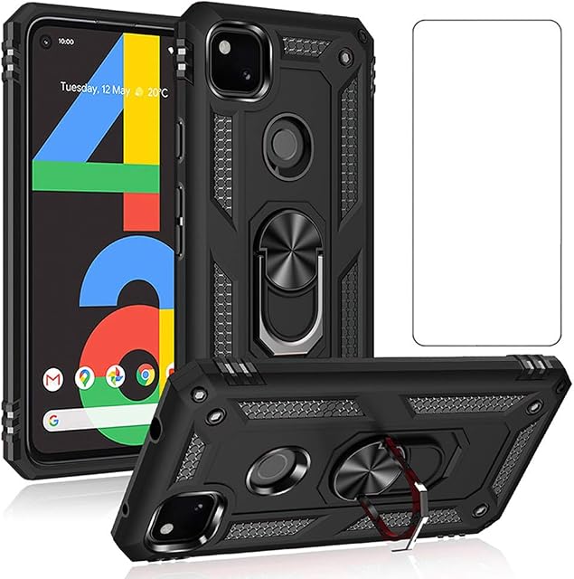 Phone Case for Google Pixel 4A 4G with Tempered Glass Screen Protector Stand Ring Holder Shockproof Silicone Heavy Duty Accessories Magnetic Metal Hard Kickstand Pixel4a pixel4acase 4acase Black