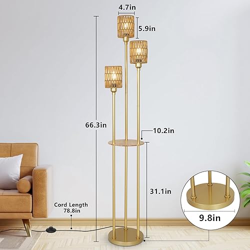 Miniatura 5 de Lámpara de pie bohemia con estantes, lámpara de pie alta de granja de 3 luces con interruptor de pie de encendidoapagado, lámparas de pie modernas