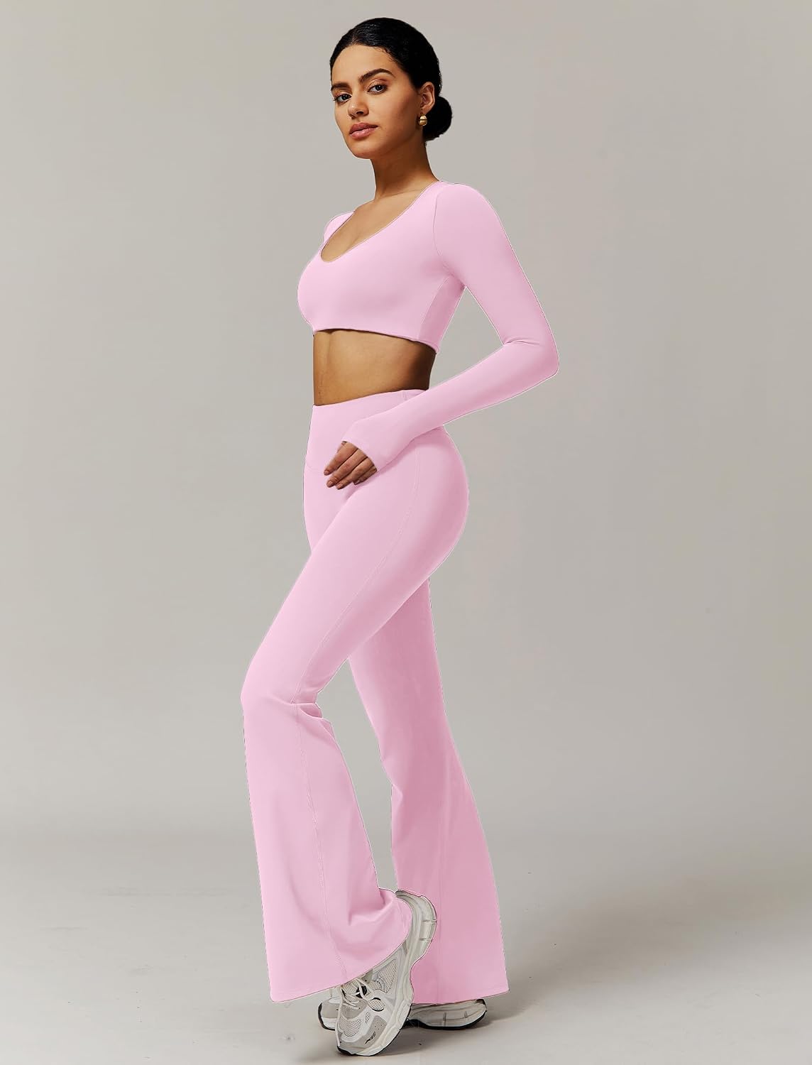ABOCIW Workout Sets for Women 2 Piece Square Neck Long Sleeve Crop Tops High Waist Flared Leggings Gym Sets