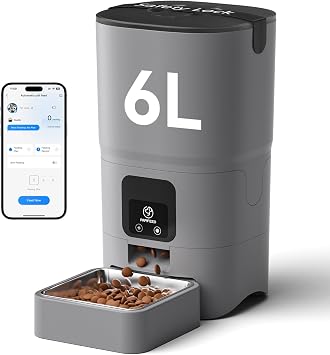 PAPIFEED Automatic Cat Feeder with App, 2.4G WiFi Cat Food Dispenser, 6L Timed Cat Feeders for Dry Food, 10 Meals/Day, 12 Portions/Meal, Dual Power Supply Smart Pet Feeder for Small Dog, Grey