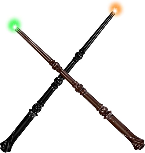 Varita mágica iluminada de mago con sonidos y 4 luces, juguetes de bruja hechicera para niños, accesorios para fiestas de cosplay, 2 paquetes, negro