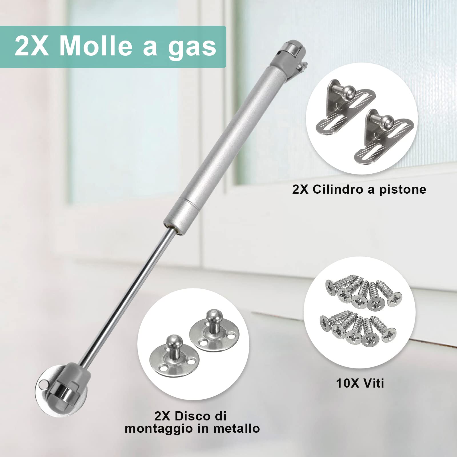 2 Pezzi Molle a Gas 100N Pistoni per Ante Cucina, Pistoncini per Mobili, Ammortizzatori per Ante, Adatto per Stoccaggio Scatole, Porte in legno, Cerniere Armadio e Braccetti Regolabili, Argento - 4