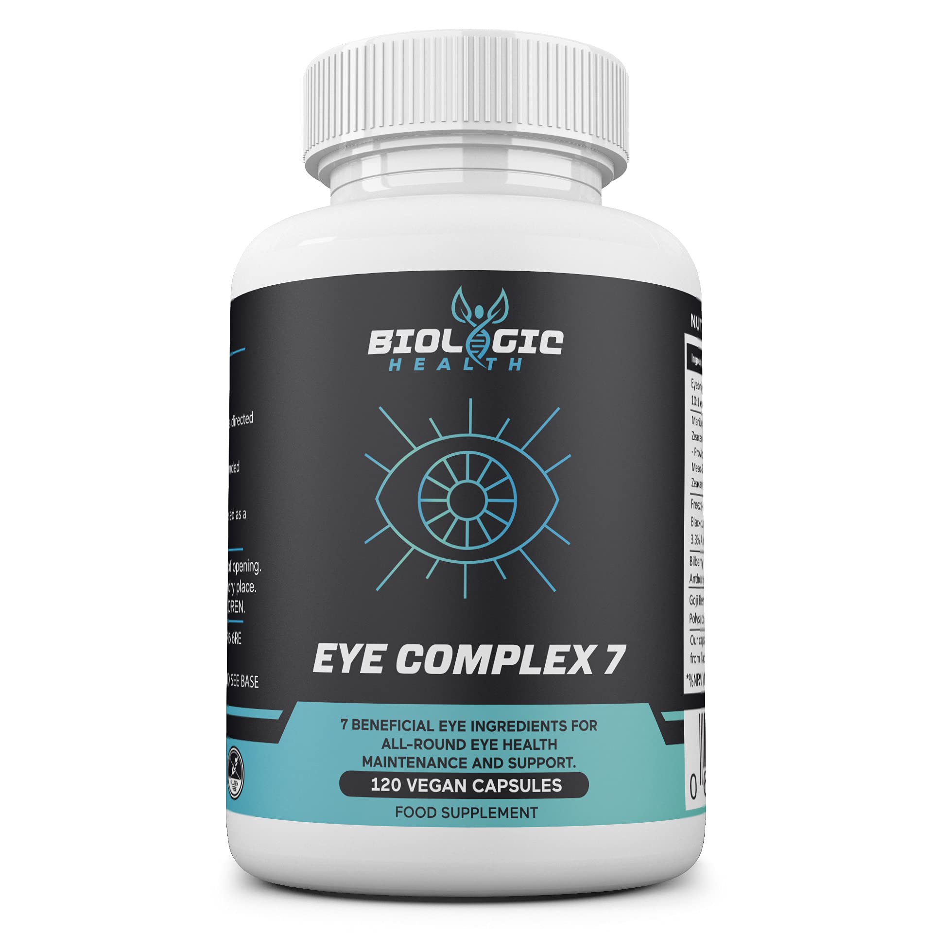 Eye Complex 7: Lutein, Meso-Zeaxanthin, Zeaxanthin, NZ Blackcurrant, Bilberry, Goji & Eyebright – UK Manufactured - Zero Additives - 120 Capsules - Pullulan (120 Capsules)