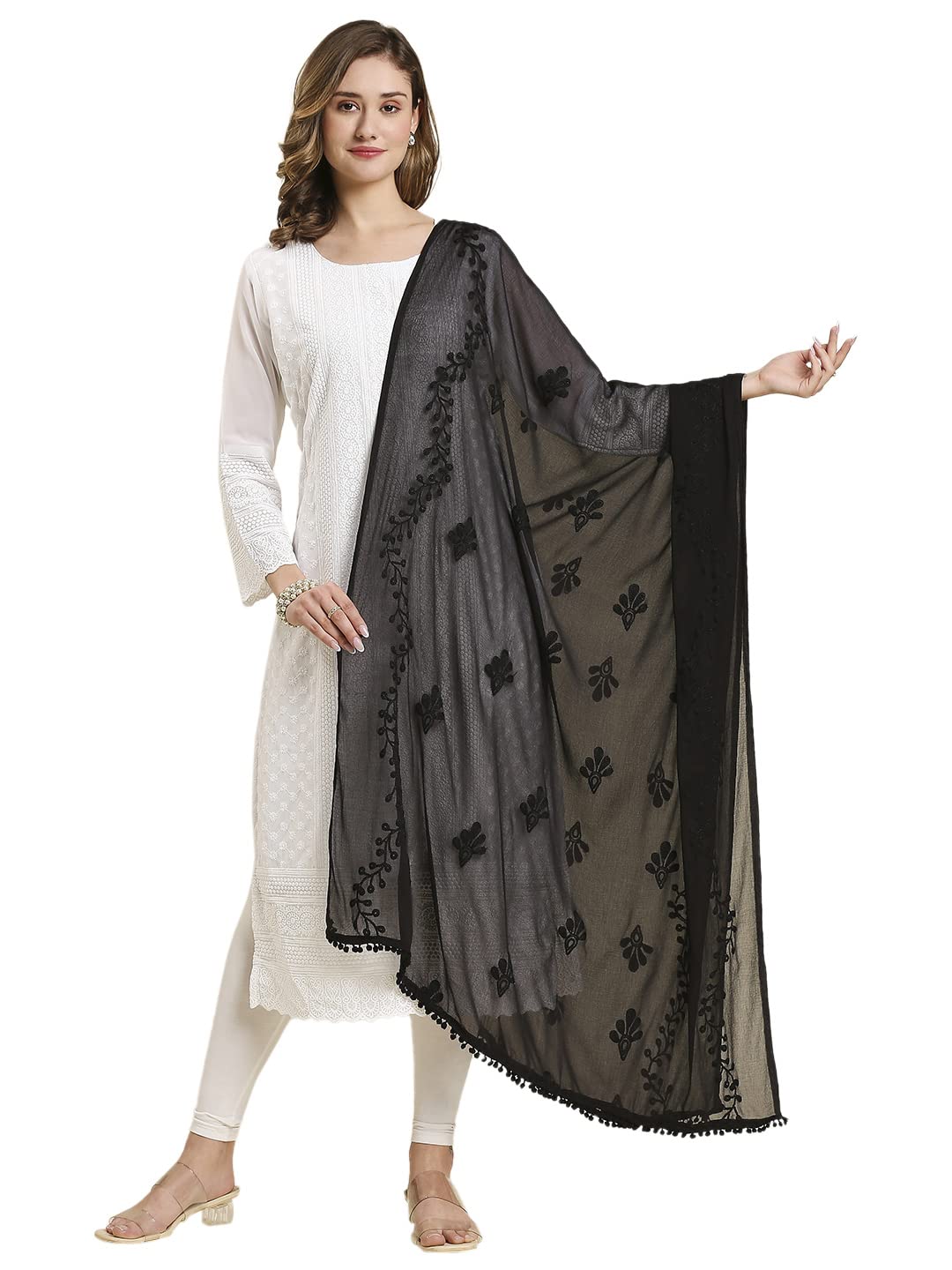 dupatta bazaar Women's Embroidered Black Chiffon Dupatta with Pom Pom lace-picture-41