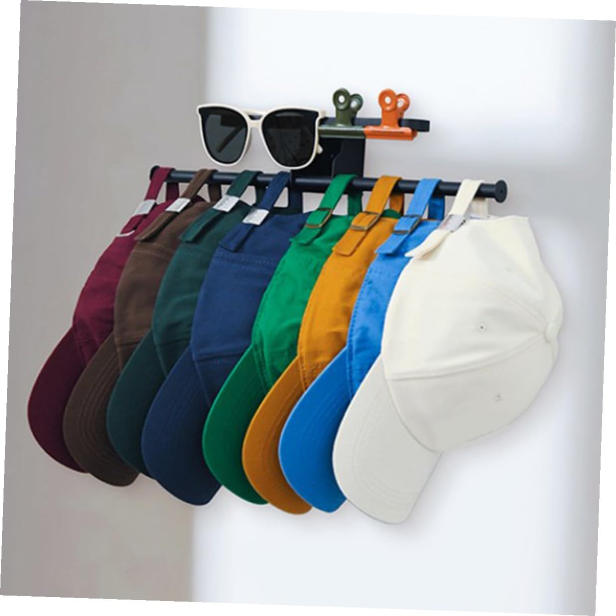 minkissy Wall-mounted Carbon Steel Cap Rack and Baseball Cap Holder for Wall, Hat Display Organizer with Eyewear Holder, Space-saving Hat Storage for Closet and Door Use
