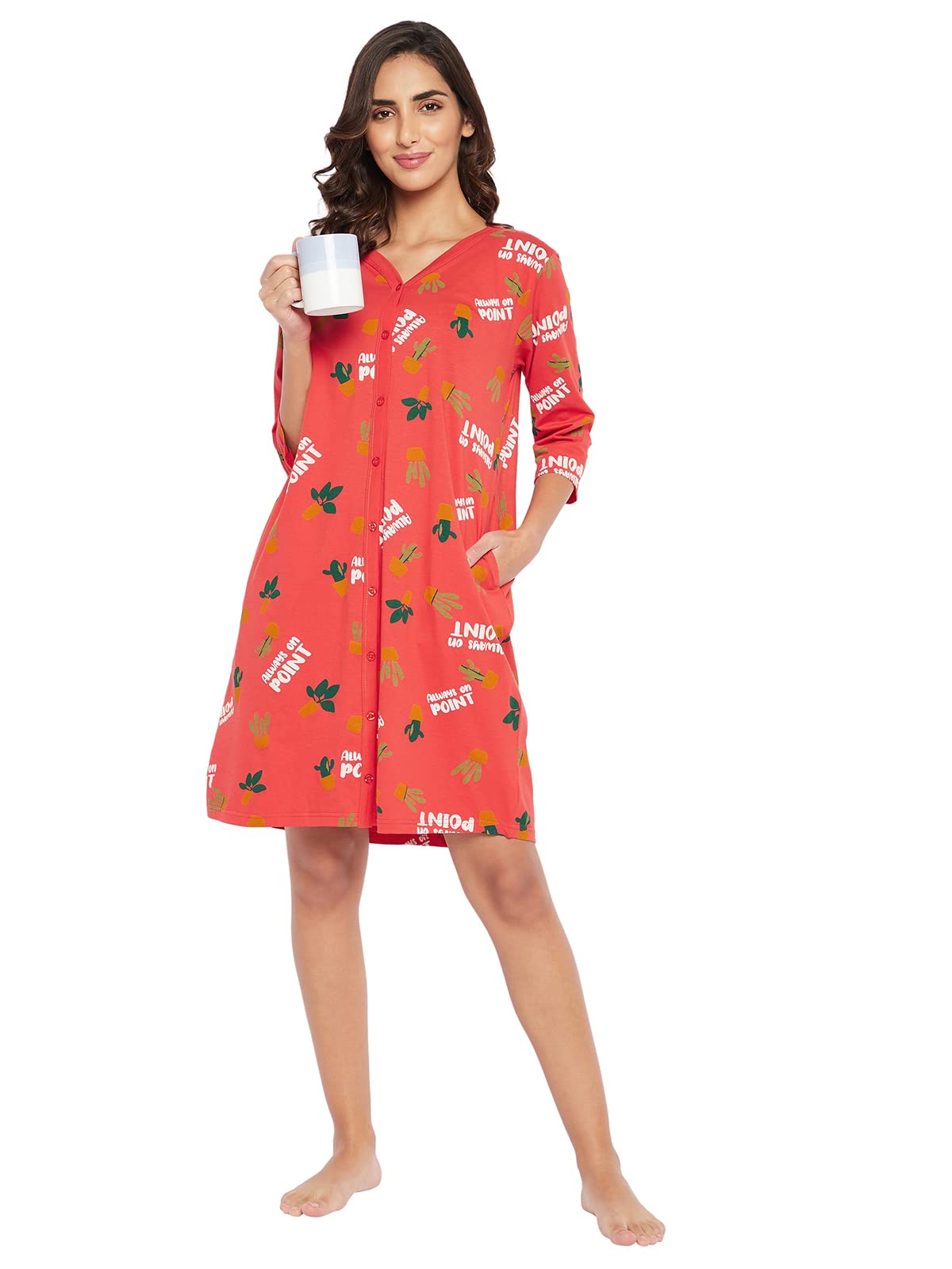 Women's Cotton Knee Length Cactus Print Button Me Up Night Dress