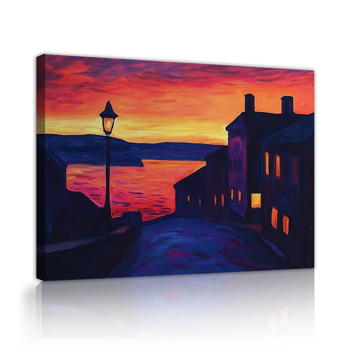SHENGPOSTER Romantic Scenery Wall Prints Sunset Coastal Village Canvas Wall Art for Living Room Impressionist Seaside Town Canvas Art Home Decor Innerframe 70x90cm