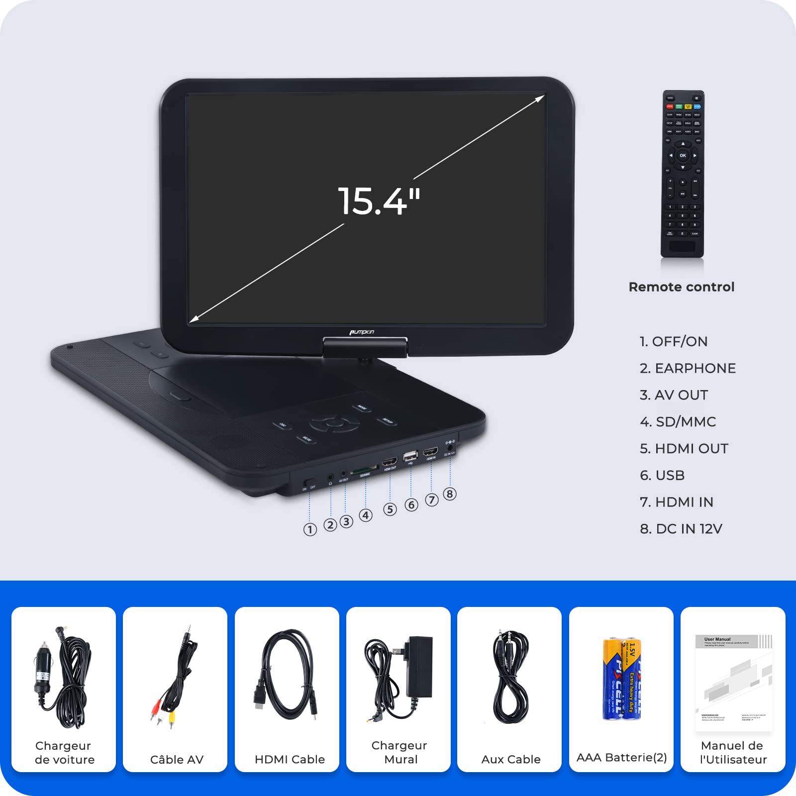 NAVISKAUTO Lecteur DVD Portable , 15.4" Grand Ecran avec Battrie supporte Disque blu-Ray Full HD 1080P,HDMI IN, Décodage de fichiers Audio Dolby, Lecture USB/SD/MMC,MP4/MKV,AV in AV Out