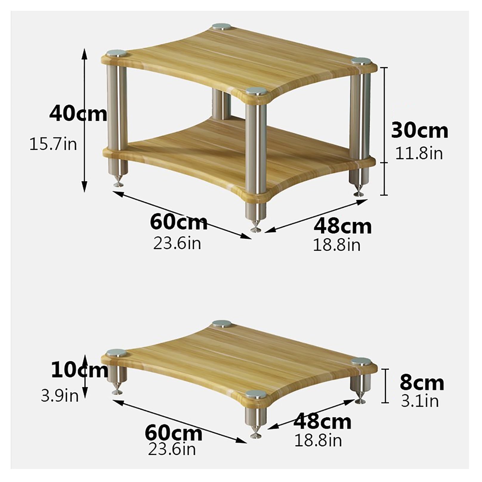 Support de rangement multicouche pour matériel audio, pieds absorbant les chocs, console multimédia en bois, 60 x 48 x 10 cm, finition marron élégante pour appareils vinyles et audio