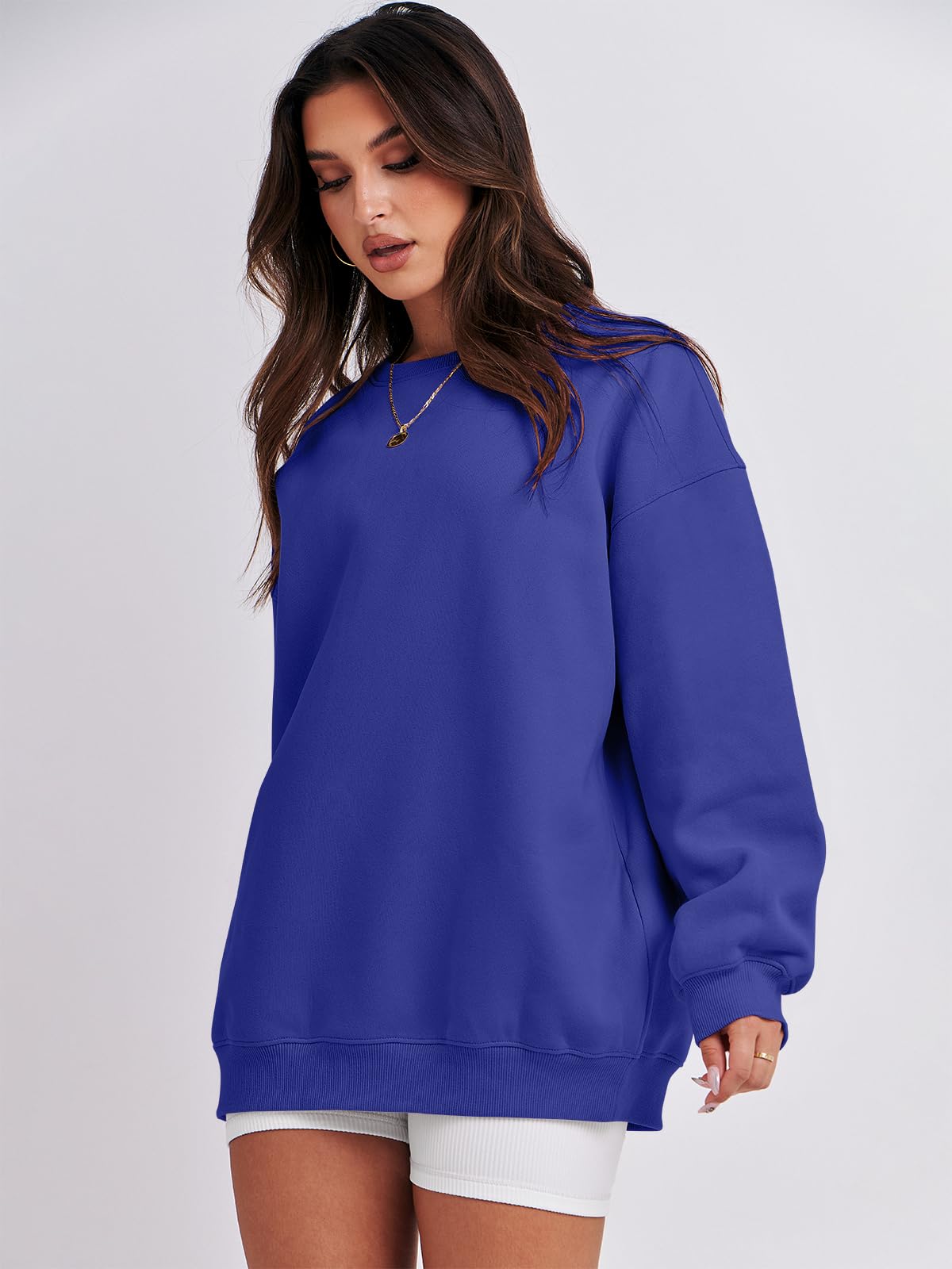 Damskie bluzy oversize bluzy z kapturem polar okrągły dekolt sweter top codzienne jesienne stroje preppy ubrania nastolatki 2024 A1019 światło, Jeden kolor, Royal Blue_L