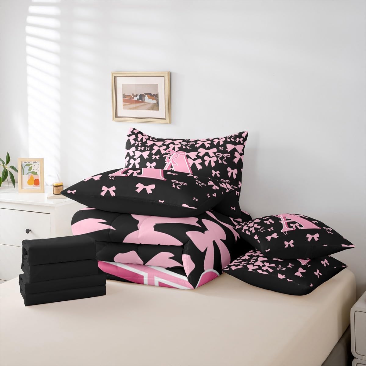 jejeloiu Girls Cute Bow Comforter Set with Sheets 7 Piece Queen Size Initial Letter A Bed in a Bag Kids Boys Girls Black Pink Coquette Bowknot Bedding Set Monogrammed Bedroom Decor Breathable Soft