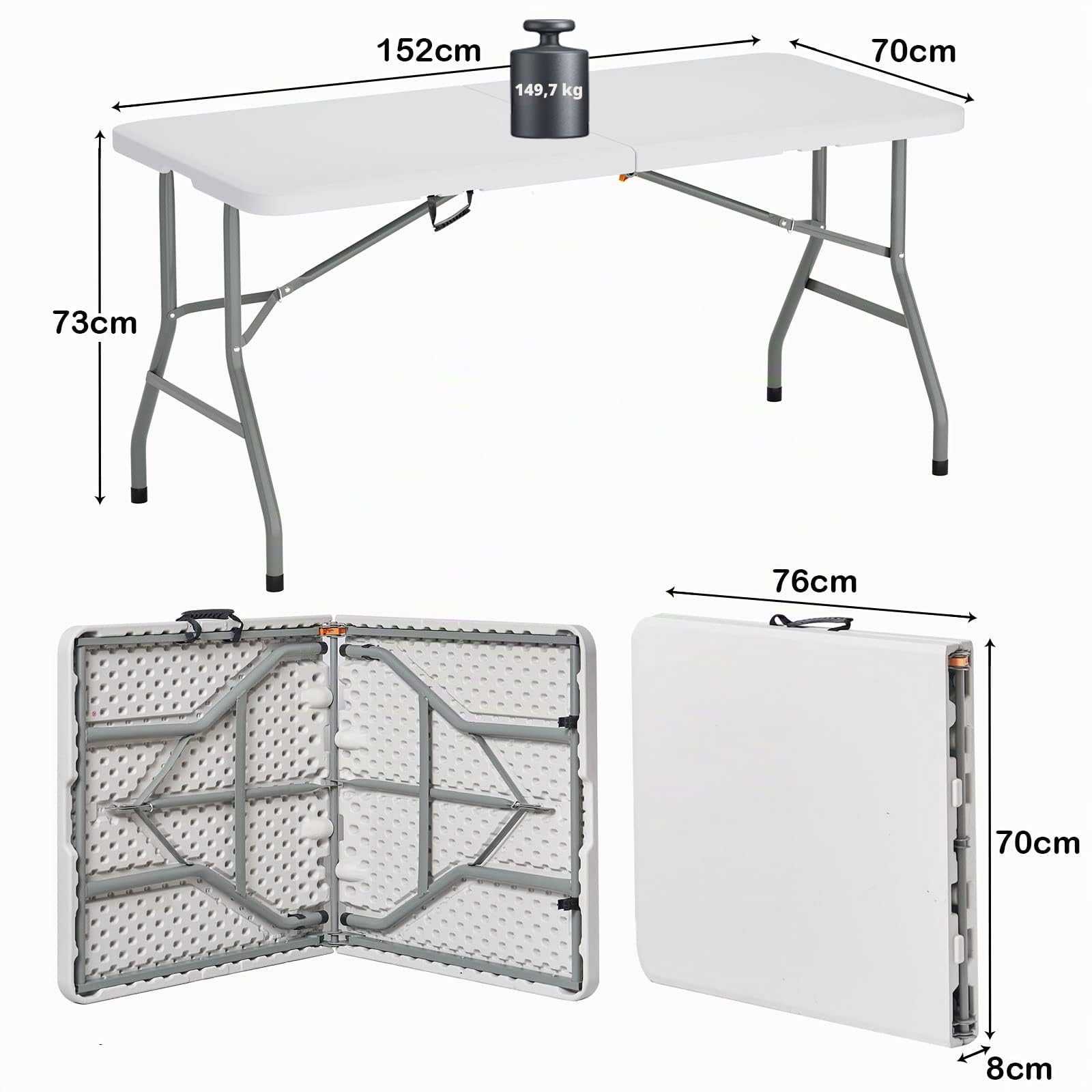 SogesHome Tavolo Pieghevole da Giardino Bianco perfetto come Tavolo da Campeggio, Tavolino Esterni Richiudibile a Valigetta con Maniglia,152 x 71 cm, HP-152CZ-SH-01