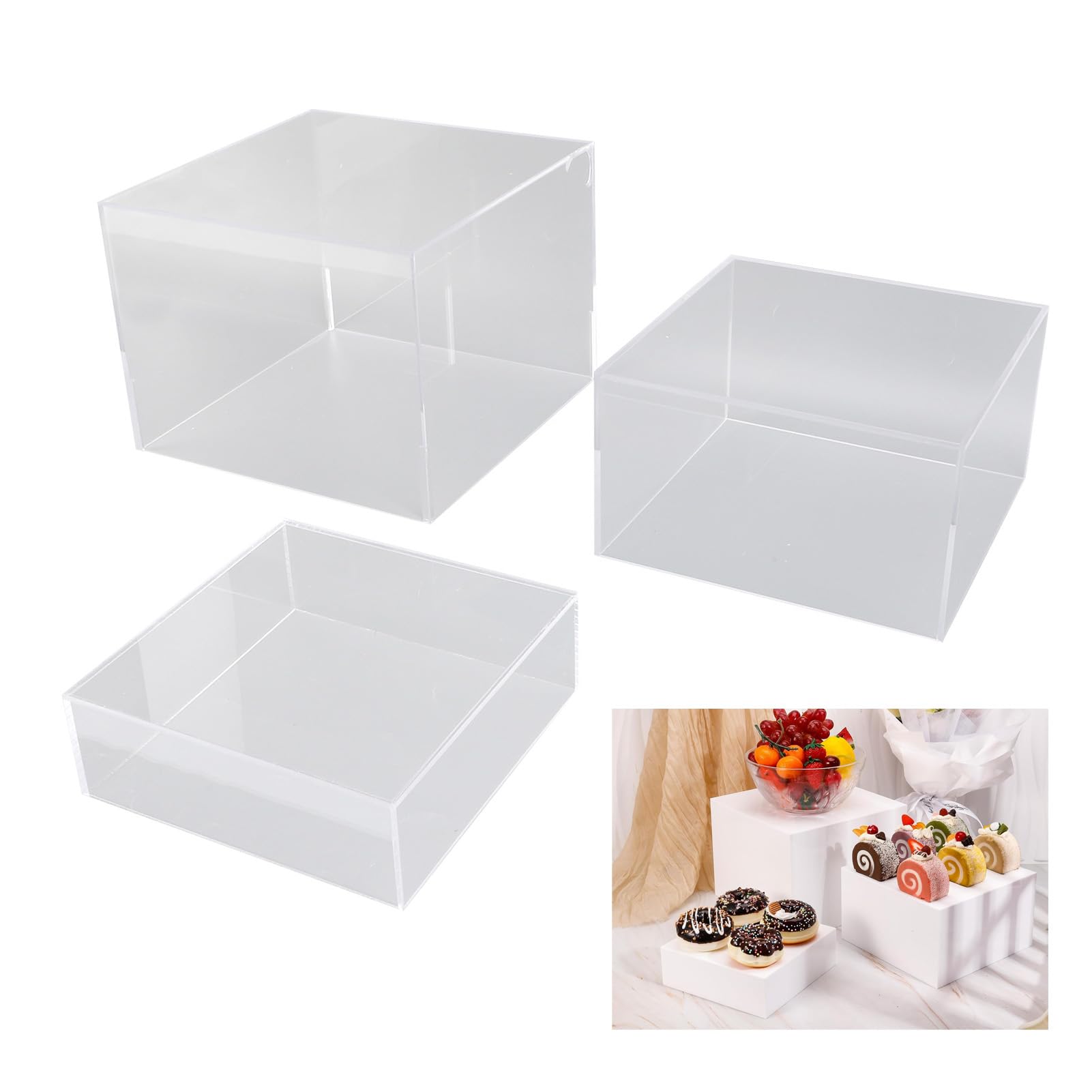 Paquete de 3 soportes elevadores de acrílico |Exhibición de pastel en niveles para buffet (Transparent)