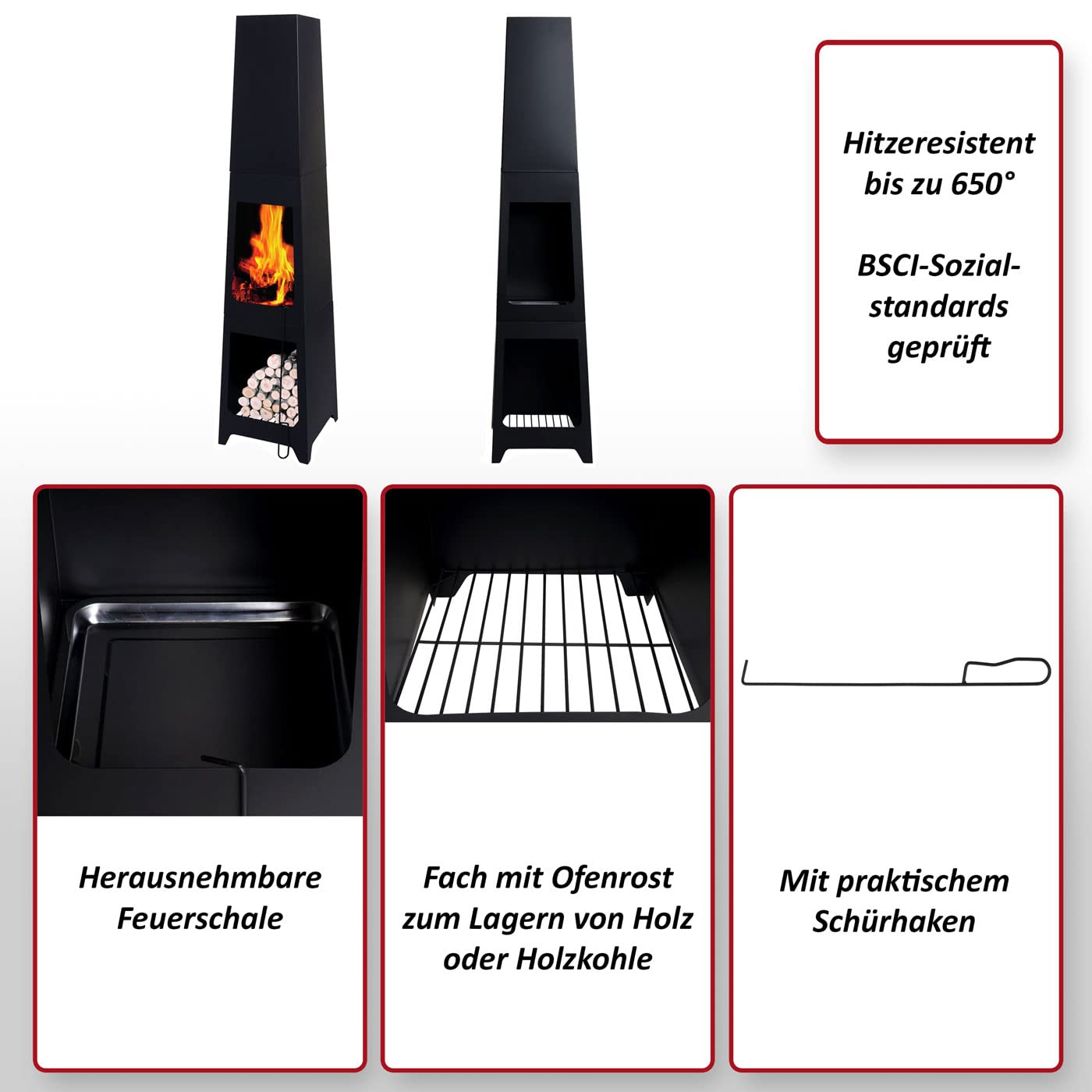 Gartenofen HWC-K89, Gartenkamin Terrassenkamin Terrassenofen, Schürhaken Feuerstelle 150x35x34cm, schwarz