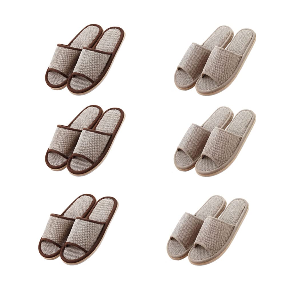 Set di 6 paia di pantofole in lino, per ospiti, con punta aperta, pantofole da bagno, antiscivolo, lavabili