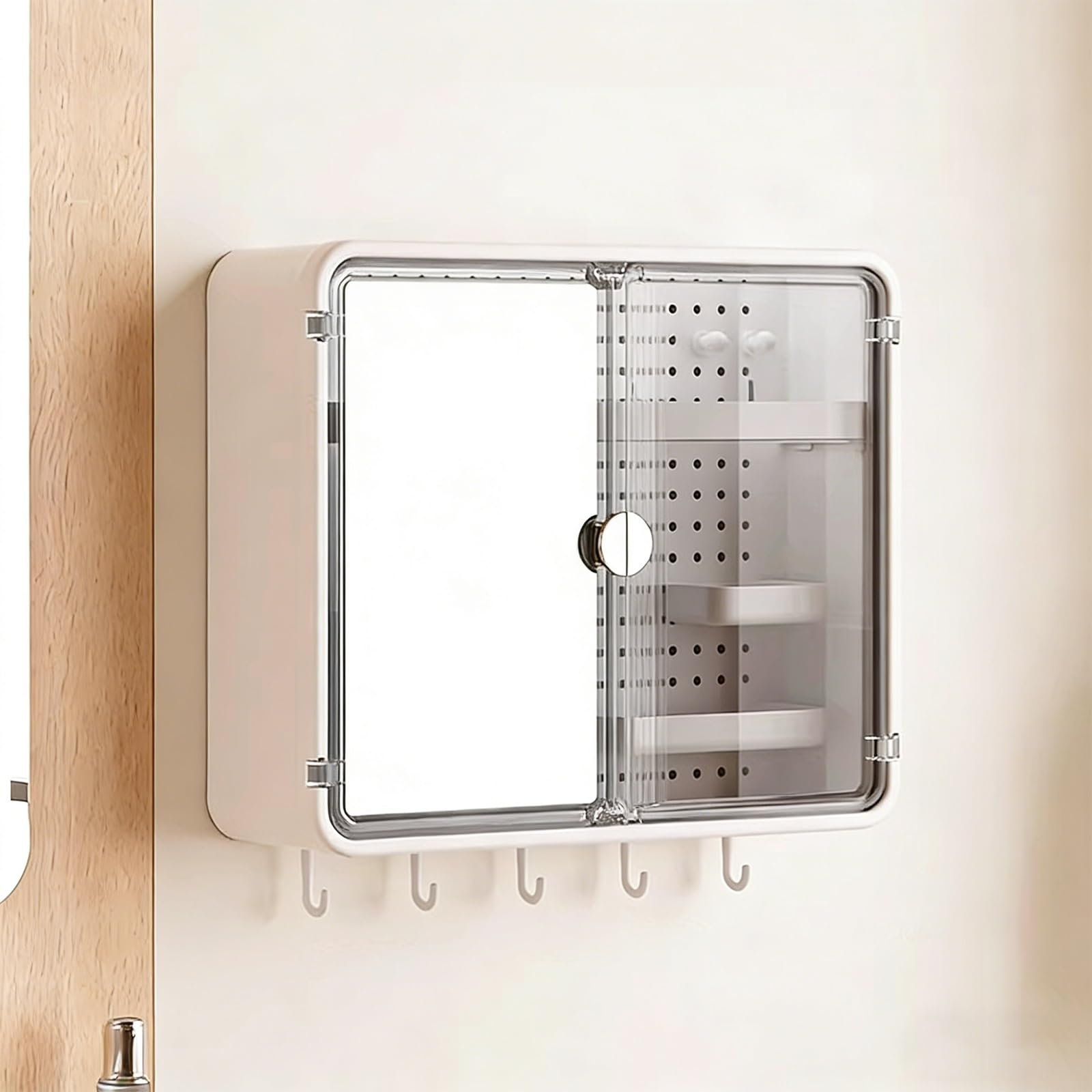 Armario de Baño con Espejo Material Plástico Armario Pared Colgante Baño Dispensador de Papel Inferior con Ganchos Ideal para Baños, Salones y Cocinas(D)