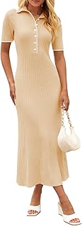 Women's V Neck Ribbed Knit Maxi Dress Button Short Sleeve Slim Fit Bodycon Sweater Dress - Buy now