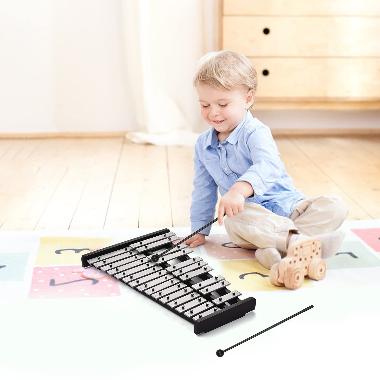 25 Note Glockenspiel Xylophone Plaques en Aluminium avec des Noms de Notes Gravés de Base en Bois pour Enfants Adultes Débutants Music Lover Sac à Fermeture éclair pour le