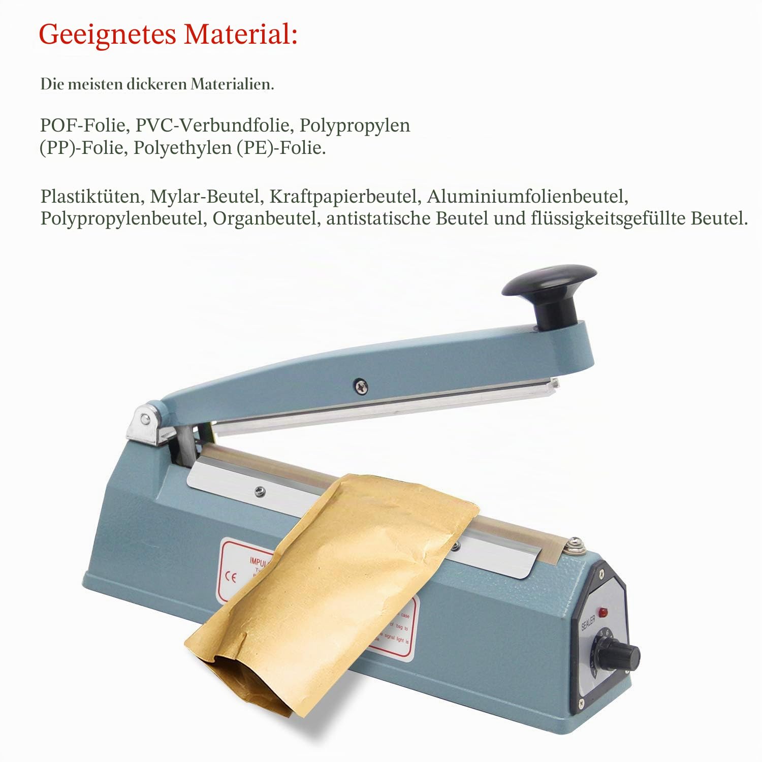 Hanchen Heißsiegelmaschine 200mm (7,8 Zoll) Impuls Schweißgerät Tragbare Folienschweißgerät Handdruckende Verpackungsgerät für PP/PE/PVC/Mylar/Kraft Papier