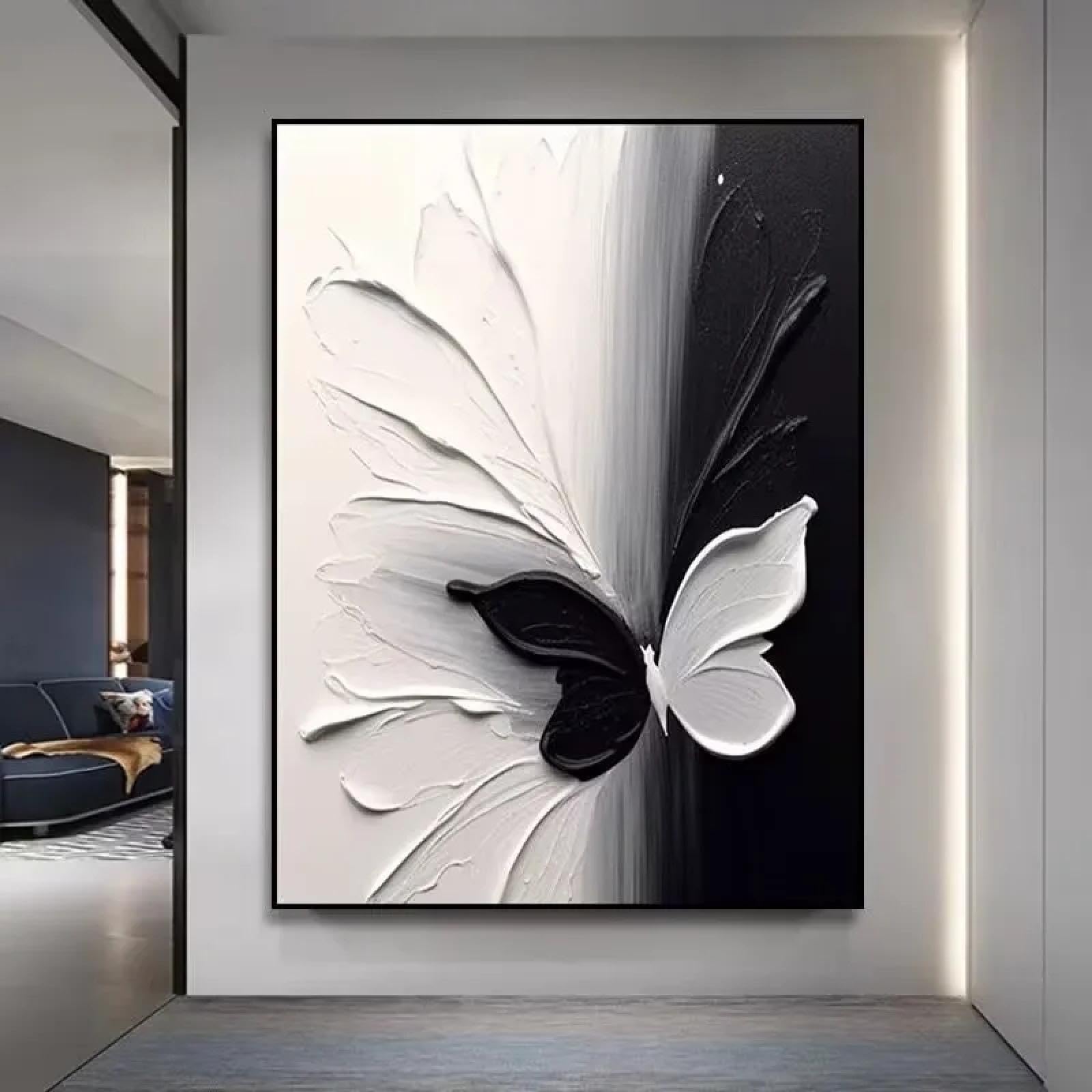 Piękny obraz do dekoracji wnętrz, farba teksturowana, biały i czarny motyl, plakat ścienny do salonu, ramka 50x70cm