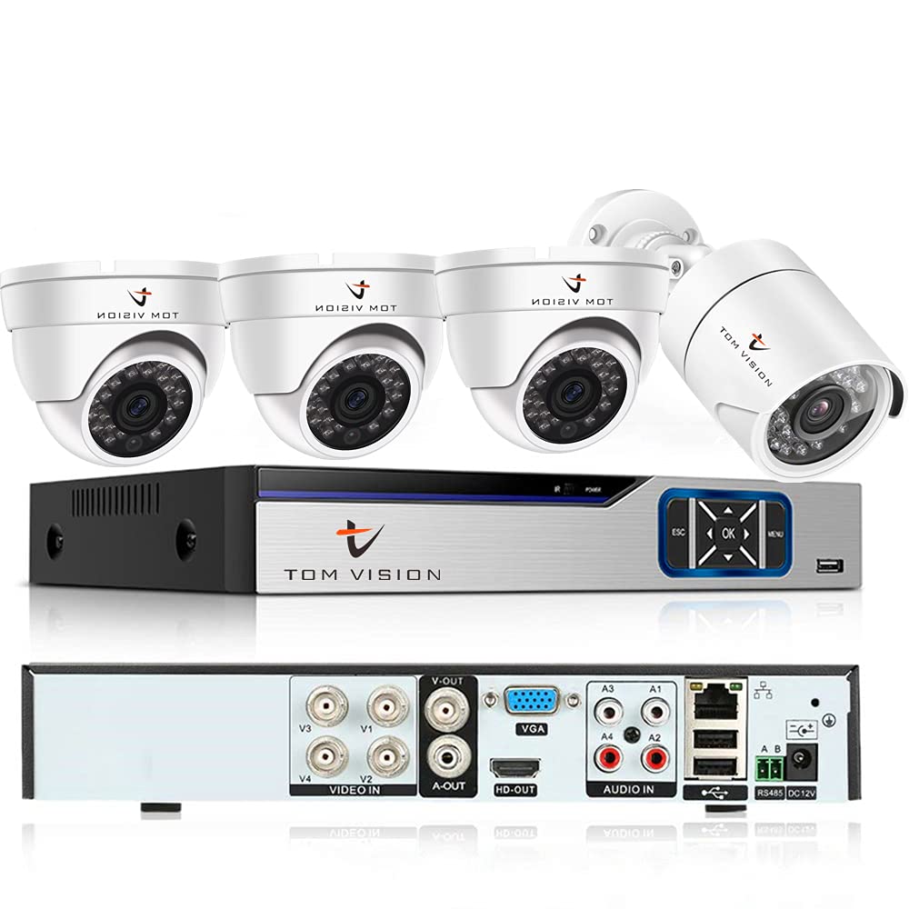 Tomvision 4Channel AHD Camera KIT 2Megapixels/720P CCTV Security Recording System Kit 3Pcs Indoor 1Pc Outdoor Camera and P2P Cloud Alarm System Home Security (4Channel(No HDD), 3Indoor&1Outdoor)