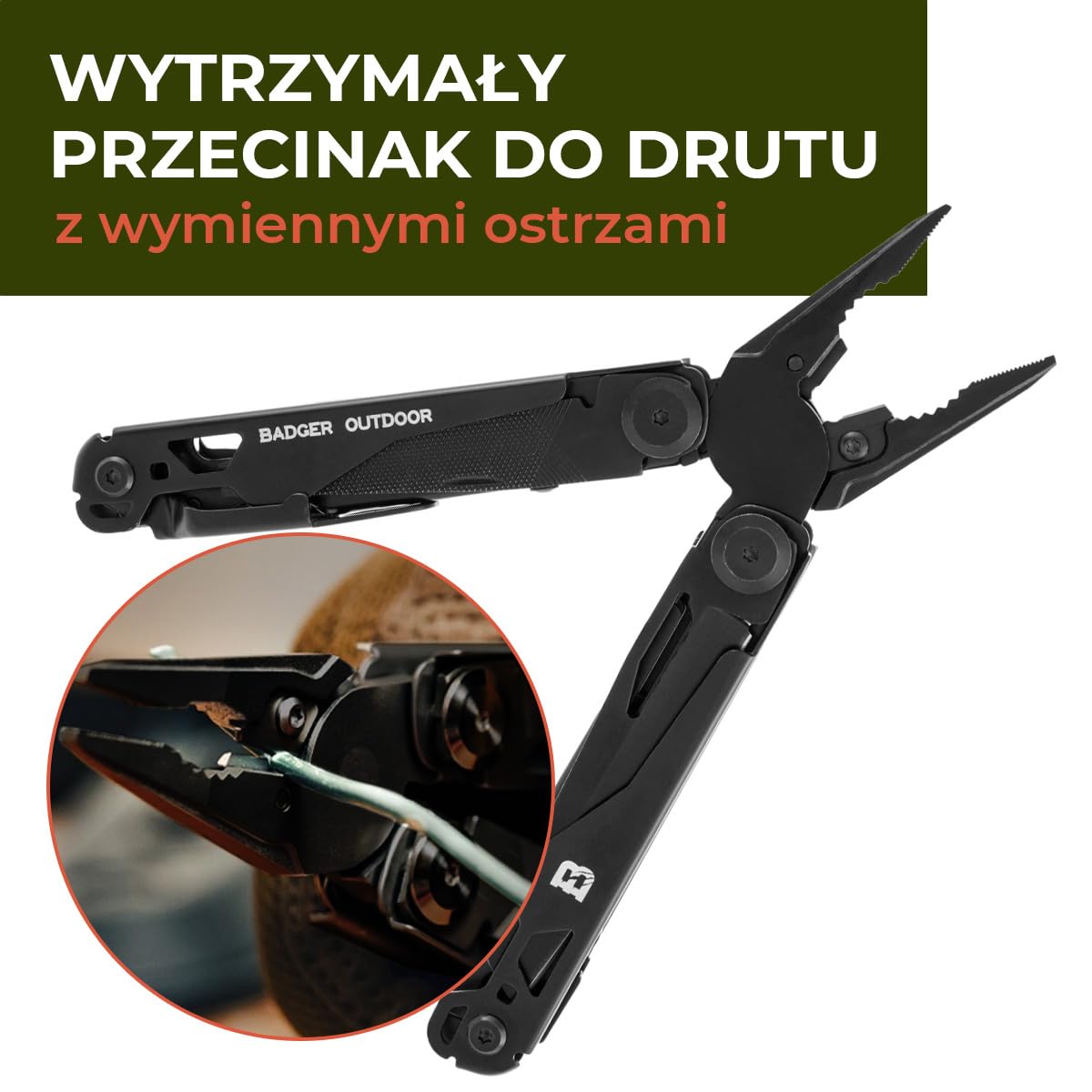 Badger Outdoor Solid Black Multitool 16w1 - Nóż Wielofunkcyjny - Scyzoryk Survivalowy - Narzędzie Turystyczne z Bitami - Prezent dla Mężczyzny - Sprzęt do Wędrówek, Campingu i Survivalu