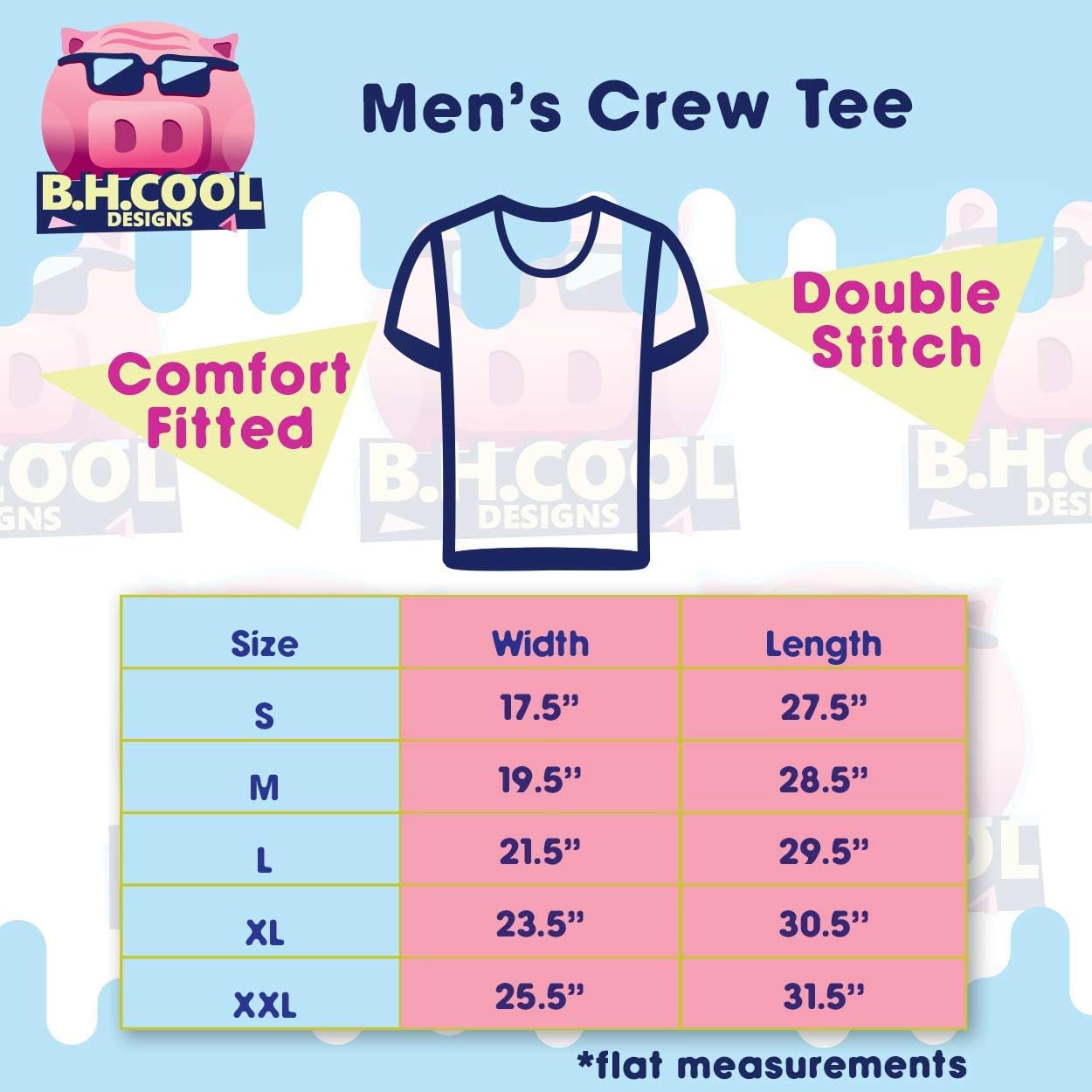 Men's Crew Tee size chart showing width and length measurements for sizes S, M, L, XL, XXL.