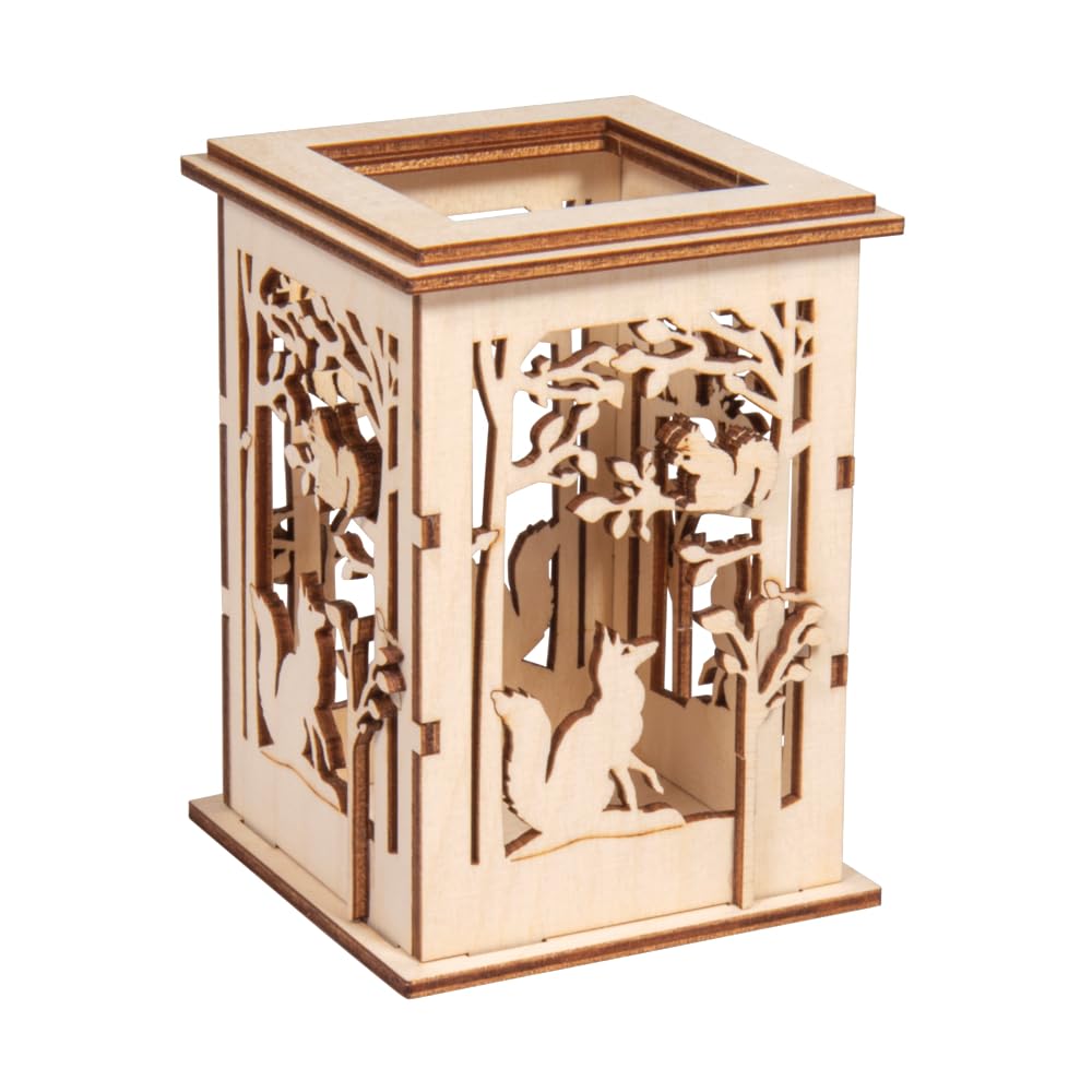 Rayher Wooden Lantern Building Kit with Fox and Squirrel Design Design, DIY Wood Craft Set with 15 slot-together Pieces, Natural Wood to Decorate, 8.5x8.5x11.7cm, 64032505
