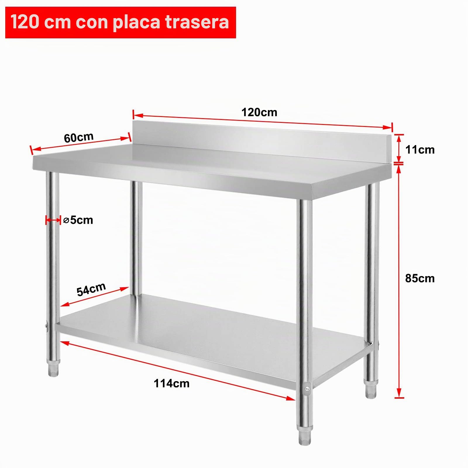 Mesa de trabajo de acero inoxidable con patas ajustables, mesa de cocina, mesa desmontable, mueble de cocina para restaurante, bar, plateado (con reborde, 120 x 60 x 85 cm)