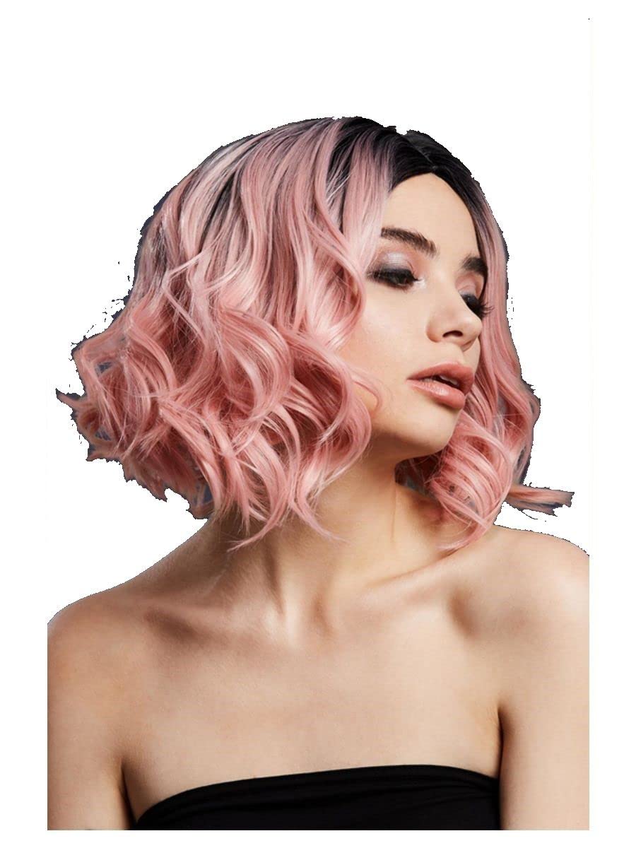 Smiffys Fever Kourtney Wig, Two Toned Blend, Baby Pink Curls Long Bob, Centre Parting, 30cm/ 12in, Fever Wigs Fancy Dress, Fever Dress Up Wigs